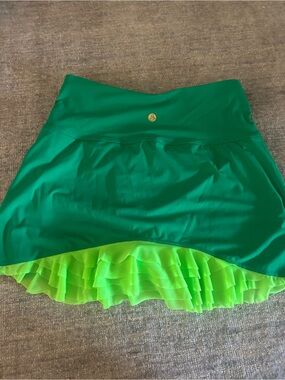 Green Mini Skirt with Neon Ruffle Hem - ACCEPTING OFFERS